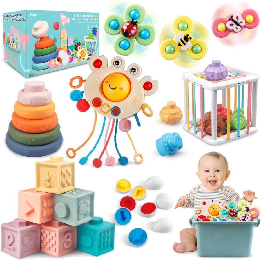 Babyspeelgoed vanaf 6 maanden 6-in-1 Sensorisch Speelgoed Montessori Speelgoed voor kinderen van 1-3 jaar oud met Stapelblokken Trektouw Sensorische Babybakken Zuignap