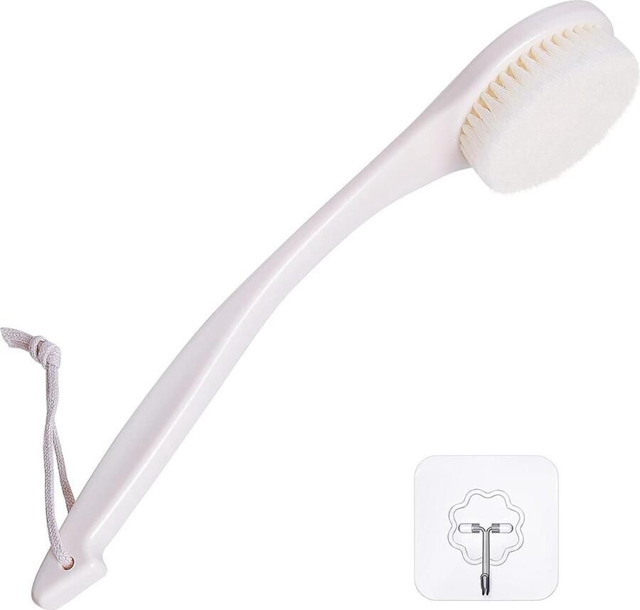 Badborstel met Lange Handvat voor Douche Zachte Haren Terug Scrubber Ergonomisch Exfoliërende Body Scrubber met Haak en Lanyard Crème Wit