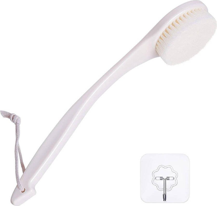 Badborstel met lange handvat voor douche Zachte haren Terug scrubber Ergonomisch gebogen Exfoliërende body scrubber met haak en lanyard Crème wit