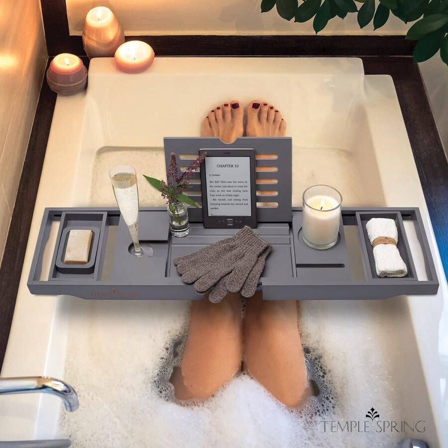 Badcaddy met kaars wijnglas boek tablet ipad & telefoon houder. Uitbreidbaar verstelbare brug Naturel hout over bad lay.100% bamboe (Grijs)