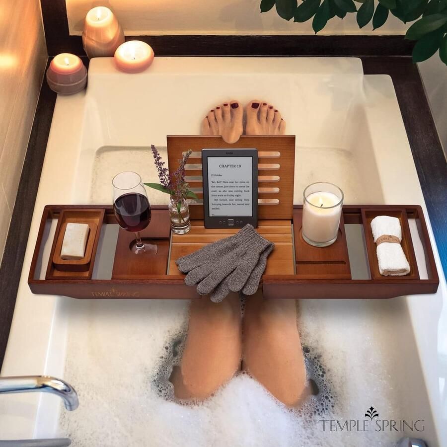 Badcaddy met kaars wijnglas boek tablet ipad & telefoon houder. Uitbreidbaar verstelbare brug Naturel hout over bad lay.100% bamboe (Bruin)