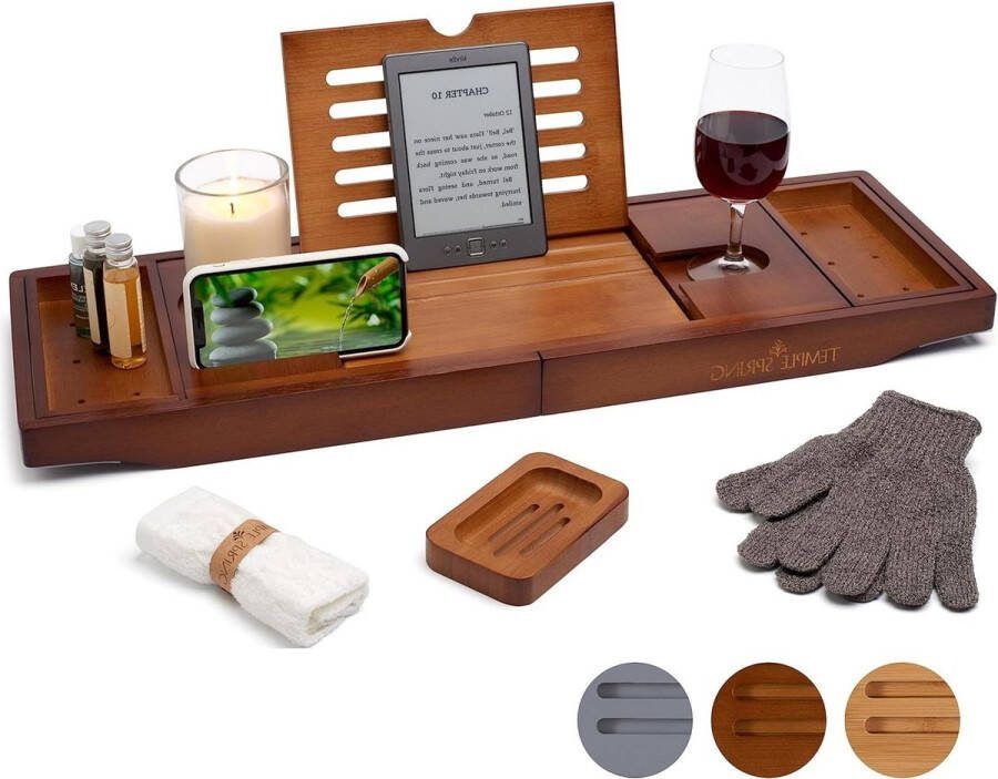 Badcaddy met kaars wijnglas Temple Spring bamboe badtablet houder Uitbreidbaar en verstelbaar Naturel houten brug over bad Inclusief tablet en telefoon houder jacuzzi accessoires