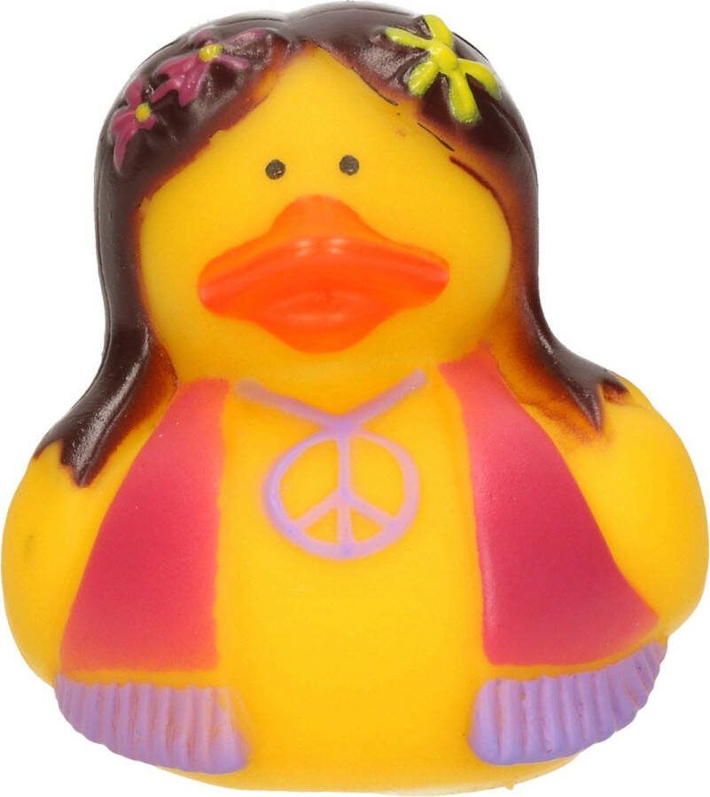 Badeendje flower power hippie geel met roze-paars vestje 5 cm