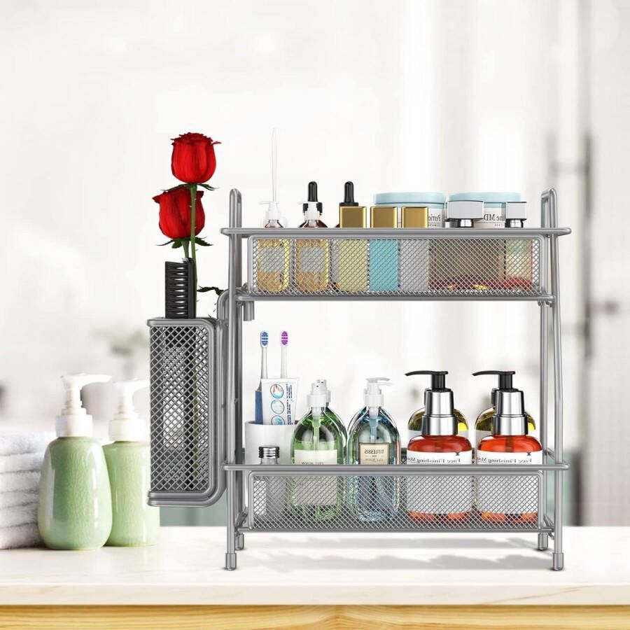 Badkamer Organizer Parfum Opslag Keuken Kruidenrek Make-up Opslag Set van 2 Metalen Tafel Planken (Grijs)