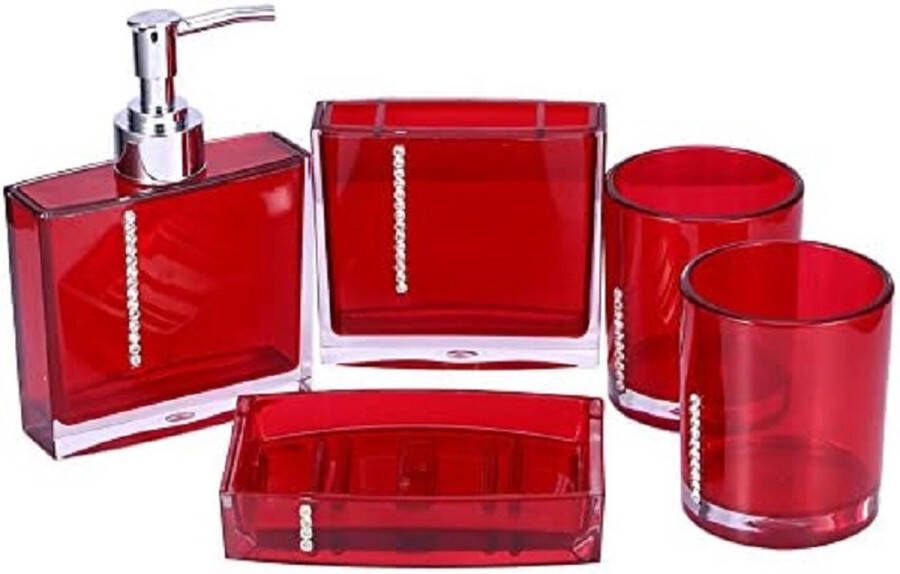 Badkameraccessoiresets 5-delige badset met emulsiefles tandenborstelhouder zeepbakje en 2 gorgelbekers badkamertoiletset rood