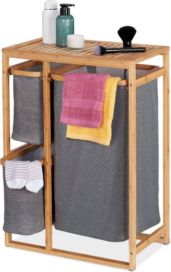 Badkamerrek met wasmand en wassorteerder bamboe 3 vakken HxBxD: 70 x 50 x 30 5 cm wasbox naturel grijs wassorteerder