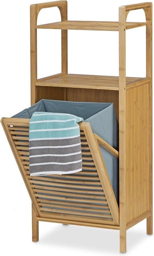 Badkamerrek met wasmand van bamboe HBD 95 x 40 x 30 cm 2 planken badkameraccessoires natuurlijk opbergrek compact