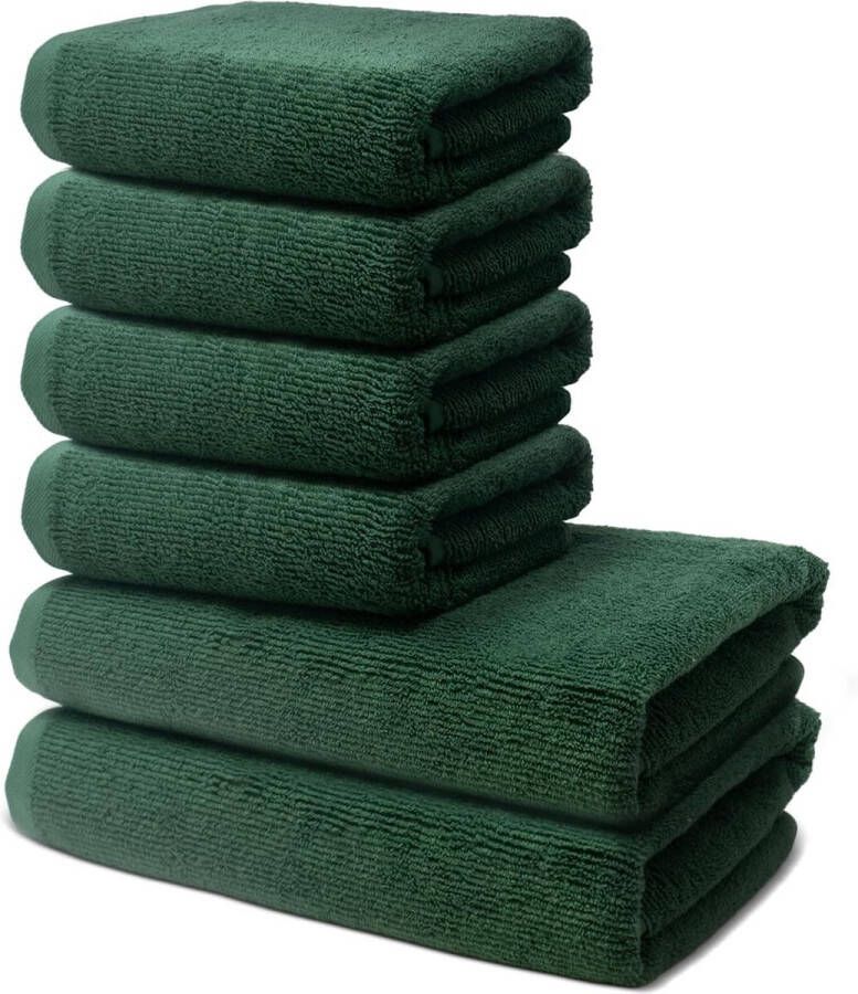Badkamerset 2 badhanddoeken voor volwassenen 70 x 140 cm + 4 handdoeken 50 x 100 cm 100% Prima katoen zeer zacht en absorberend Oeko-Tex gecertificeerd 500 g m2 dennengroen