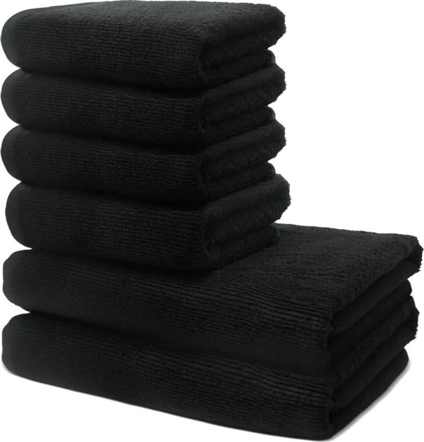 Badkamerset 2 badhanddoeken voor volwassenen 70 x 140 cm + 4 handdoeken 50 x 100 cm 100% Prima katoen zeer zacht en absorberend Oeko-Tex gecertificeerd 500 g m2 zwart