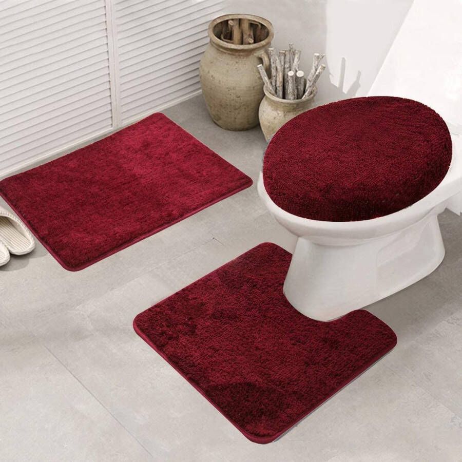 Badkamerset antislip badmat en wc-matset sneldrogend zacht waterabsorberend 3-delig wijnrood 50 x 80 cm
