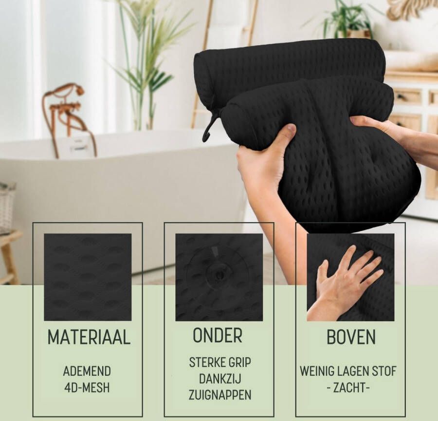 Badkuipkussen medium-zacht zwart 4D nekkussen voor badkuip met zuignappen als badaccessoire kussen voor badkuip badkussen met ergonomische pasvorm