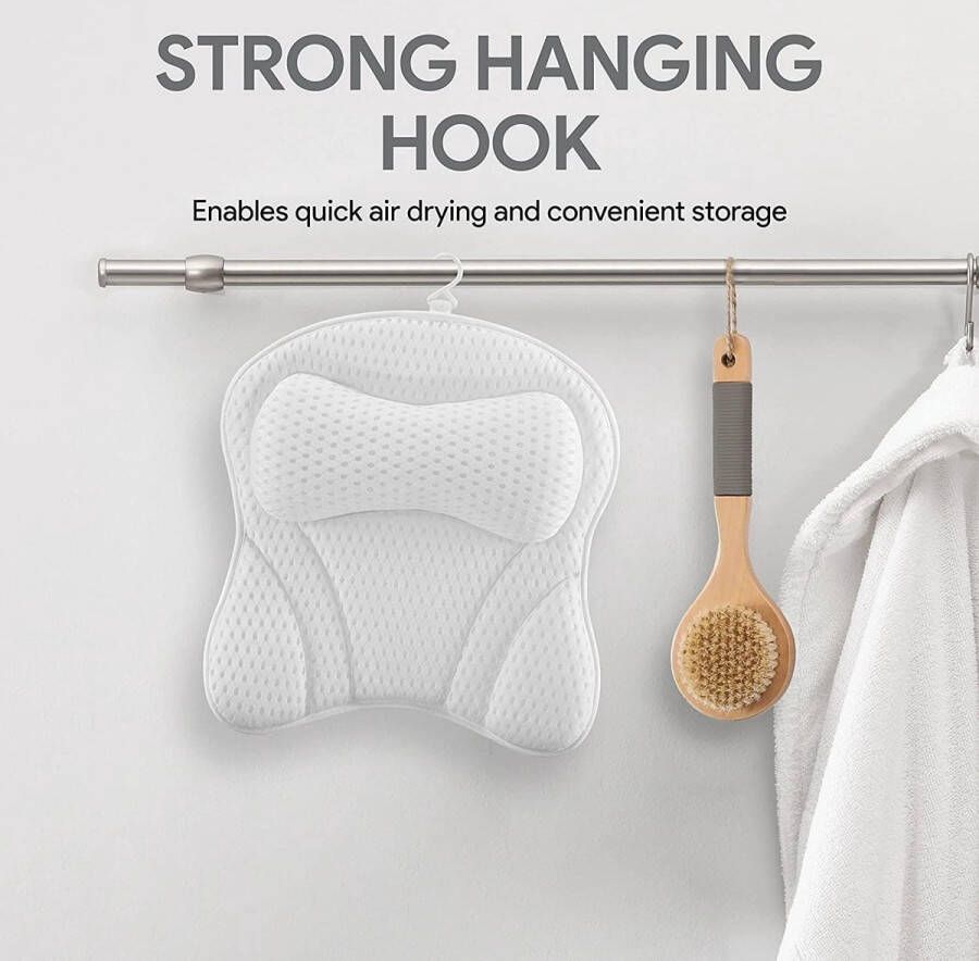 Badkussen 4D-Air-mesh-technologie badkussen met 6 zuignappen comfortabel nekkussen voor badkuipen en spa ondersteunt hoofd nek schouders rug wit