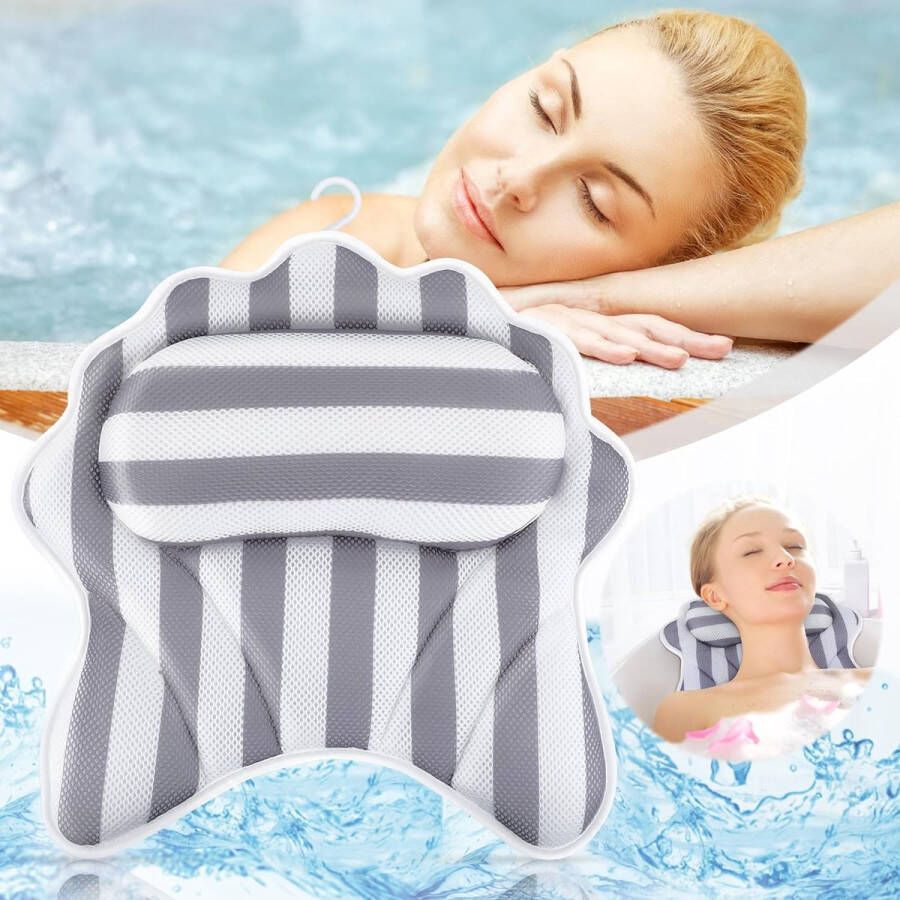 Badkussen ergonomisch kussen badkussen voor de badkuip zacht badkussen met 6 sterke zuignappen nekkussen hoofdkussen voor ontspanning voor bad whirlpools Spa (grijs)