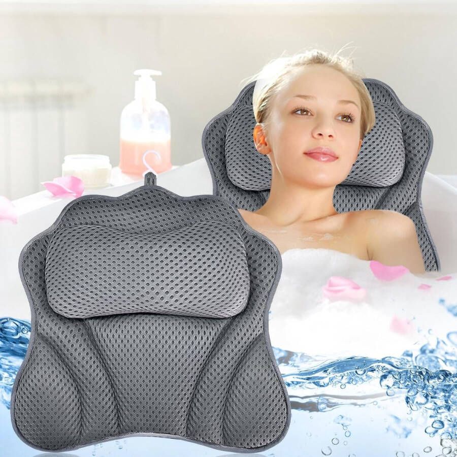 Badkussen nekbadkussen badkussen ademend 4D luchtgaas en 6 zuignappen nekkussen badkuip voor hoofd nek schouders rug voor badkuip en home spa grijs