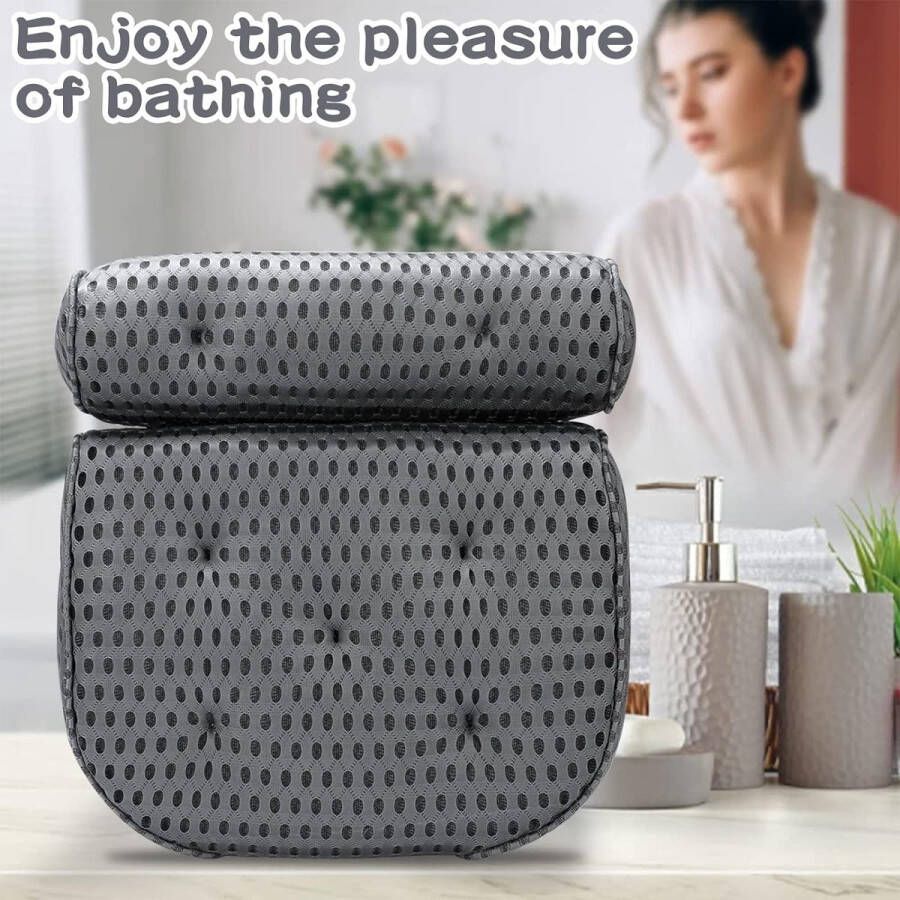 Badkussen nekkussen badkuip grijs 4D-Air-Mesh Comfort badkussen douchekussen met 7 haken geschikt voor alle badkuipen