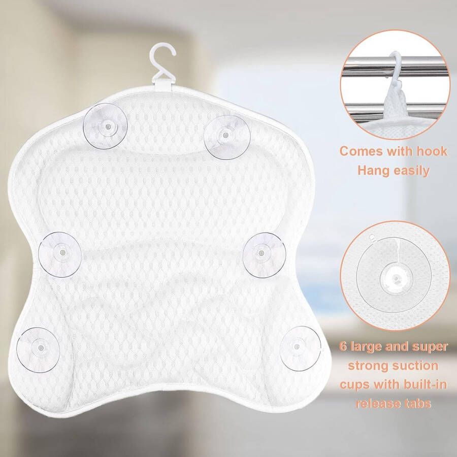Badkussen nekkussen nek- en rugkussen comfort badkussen met 6 zuignappen 4D mesh voor hoofd nek schouders rug voor badkuip en home spa wit