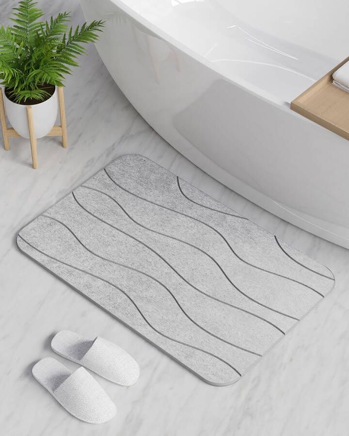 Badmat antislip badmat douchemat sneldrogend 100% natuurlijke badmat steen absorberende badmat steentapijt badkamertapijt 60 x 39 cm lichtgrijs golvend