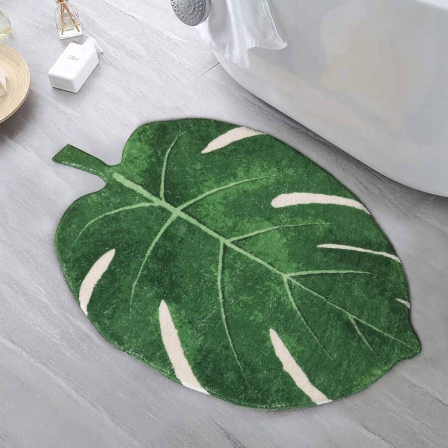 Badmat groen blad antislip 60 x 90 cm kleine badkamertapijt zacht en wollig wasbaar laagpolig voor badkuip douche en badkamer
