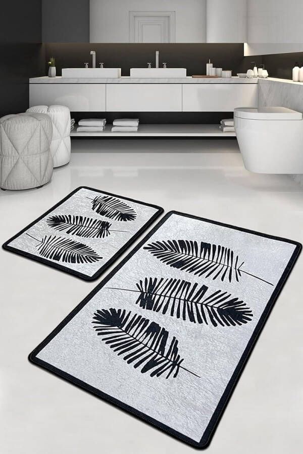 Badmat set van 2 antislip badmat wasbaar badkamertapijt wit zwart (Hoja 60 x 100 cm 50 x 60 cm)