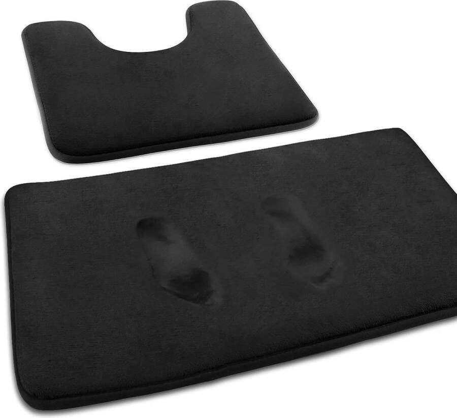 Badmat set van 2 badmatten absorberende U-vormige contourtape deurmat voor de badkamer douche machinewas en superzacht (zwart)