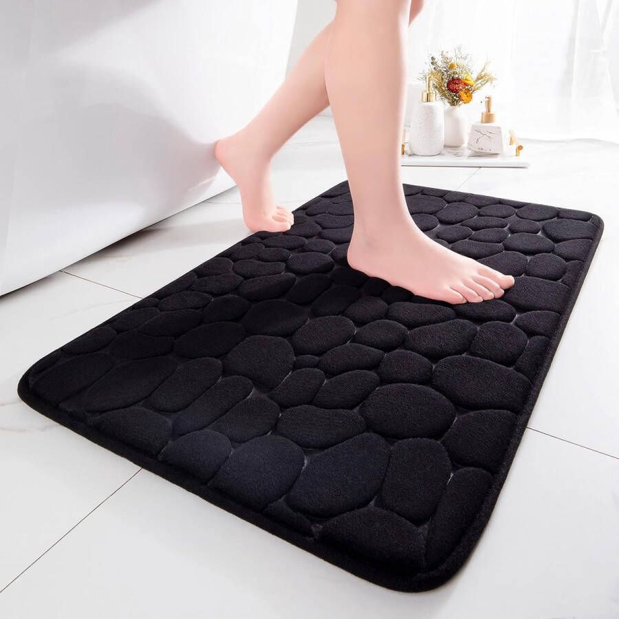 Badmat traagschuim douchemat absorberend badmat douchemat decoratieve voetmat antislip mat voor badkamer en woonkamer 40 x 60 cm zwart