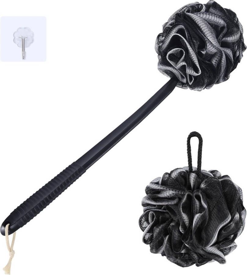 Badspons doucheset peelingspons badspons rugborstel met 42 cm kunststof anti-slip handgrepen pluizige douchespons lichaam zacht net luffa-zwart met witte rand