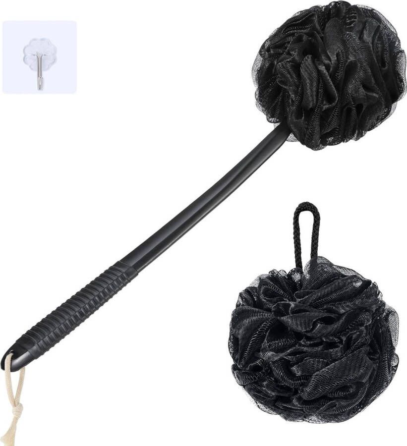 Badspons douchespons set peelingspons badspons rugborstel met 42 cm kunststof anti-slip pluizige douchespons zacht net luffa-zwart