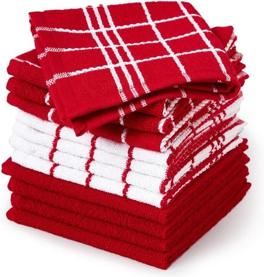 Badstof theedoekenset 30 x 30 cm superabsorberende multifunctionele keukendoeken voor drogen en reinigen set van 12 terry-rood