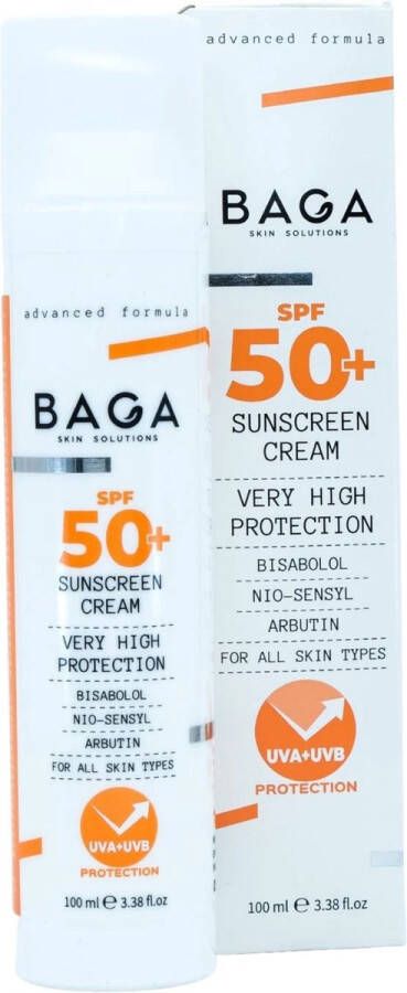 BAGA SUNSCREEN CREAM SPF 50+ Very High Protection Zonnebrandcrème met Langdurige Bescherming Voor Alle Huidtypen Bisabolol Nio-sensyl Arbutin