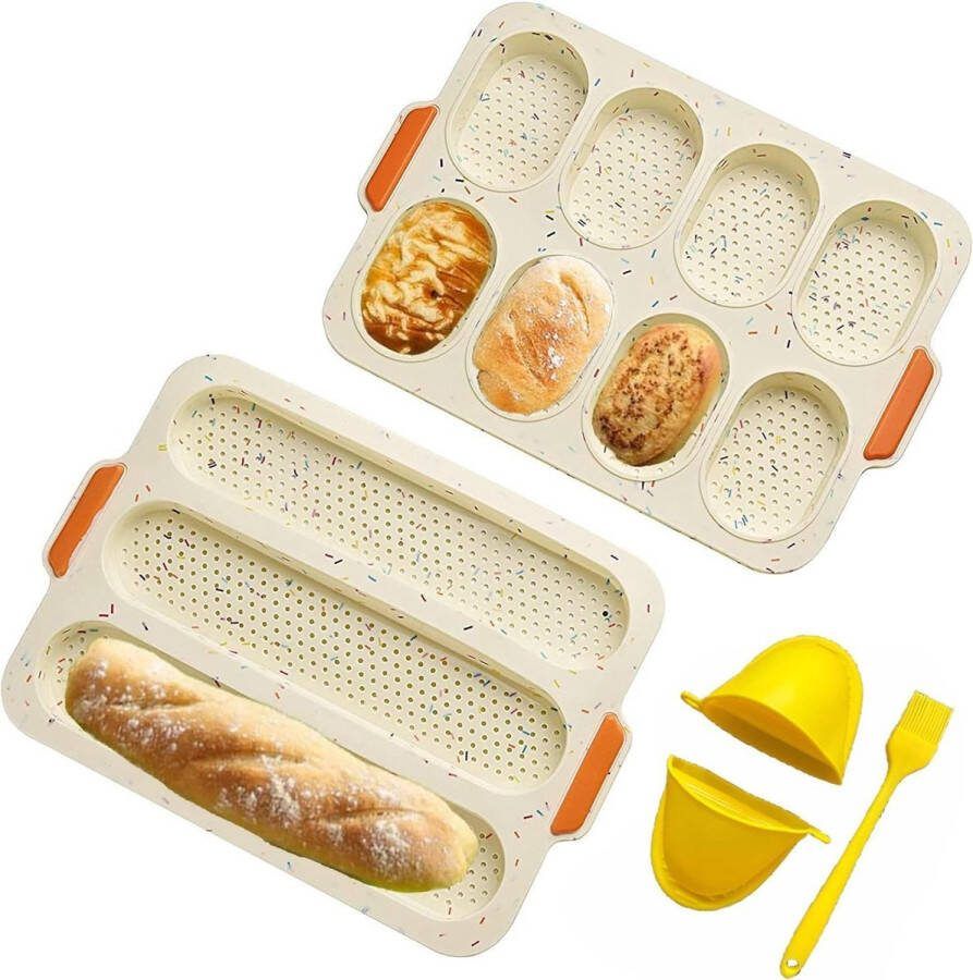 Baguette bakplaat voor broodbakvormen bakken van baguettebrood Hot Dog bakvorm met isolatiehandclips beige inclusief olieborstel