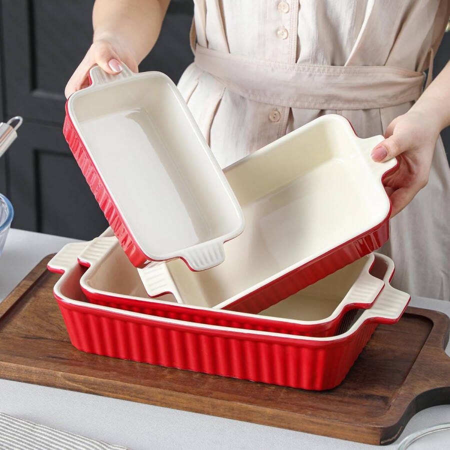 Bake.Bake-serie set van 4 Porseleinen bakvorm Taartpan Broodpan Bakkommen Braadpan Schotel Ovenpanplaat Soepplaat in 4 maten Rood