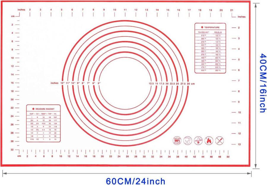 Bakmat Antislip deegmat met meting antikleeflaag BPA-vrij bakmatten voor deegrollen teller koekjes taart