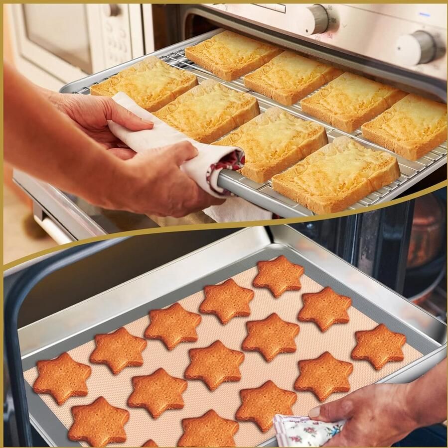 Bakplaat met afkoelrooster en bakmat set van 4 roestvrij staal 31 6 x 24 5 x 2 5 cm grote rechthoekige ovenplaat met uitkoelrooster en siliconenmatset voor het bakken