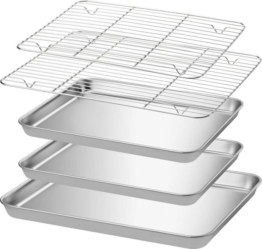 Bakplaten met afkoelrooster set van 3 40 x 30 cm 31 x 24 5 cm Braadslede oven Roestvrijstaal Zilver kleur