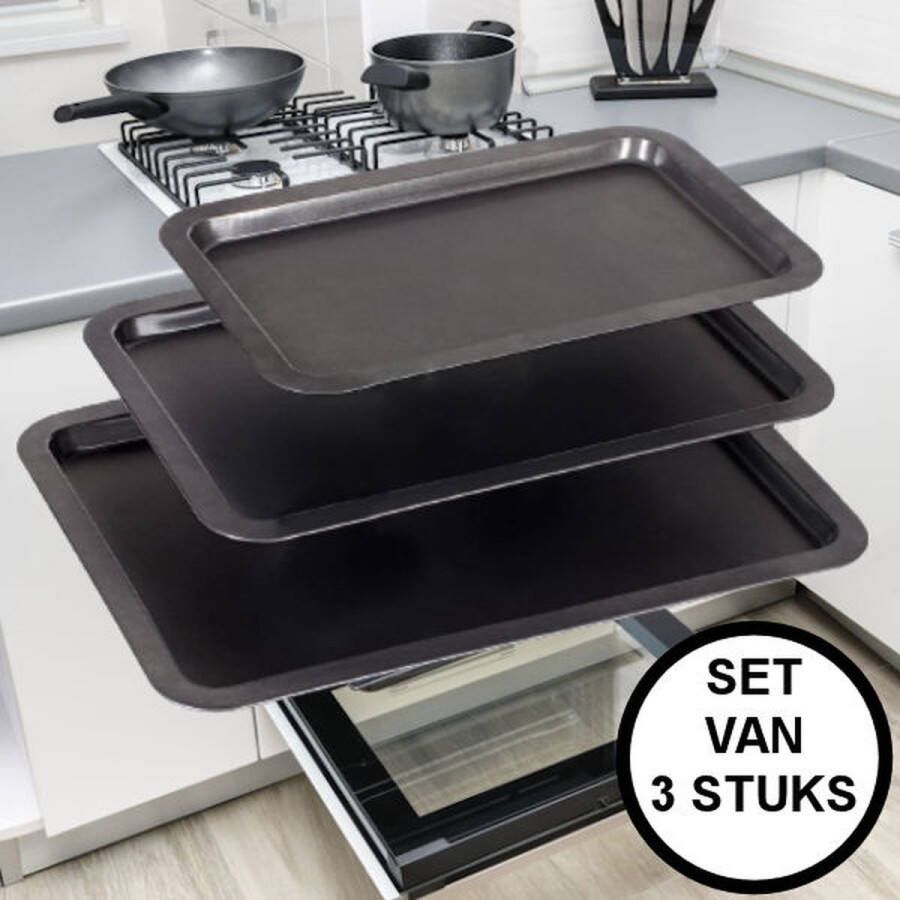 Merkloos Sans marque Decopatent Bakplaten SET van 3 stalen Bakplaten Bakplaat voor oven Anti-aanbak laag Rechthoekige Ovenplaat Ovenbakplaat