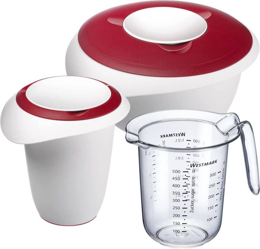 Bakset 3-delig: 1 mengkom 2 5 l 1 garde pot 1 l 1 maatkan 1 l kunststof wit rood helder