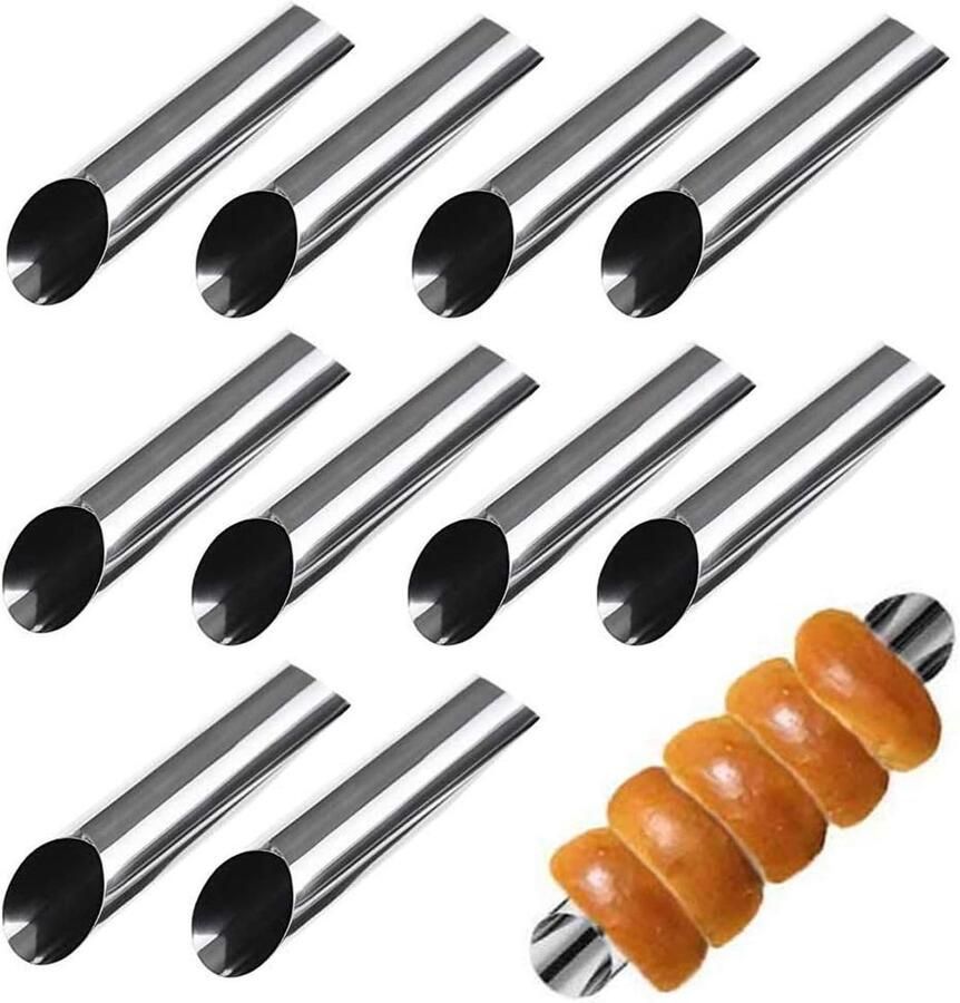 Bakvorm 10-delige set met rechte buisjes spuitmonden schuimrollen slagroompjes cannoli-buizen roestvrij staal cake gebak spiraal hoorn bakvorm bakaccessoires (125 x 25
