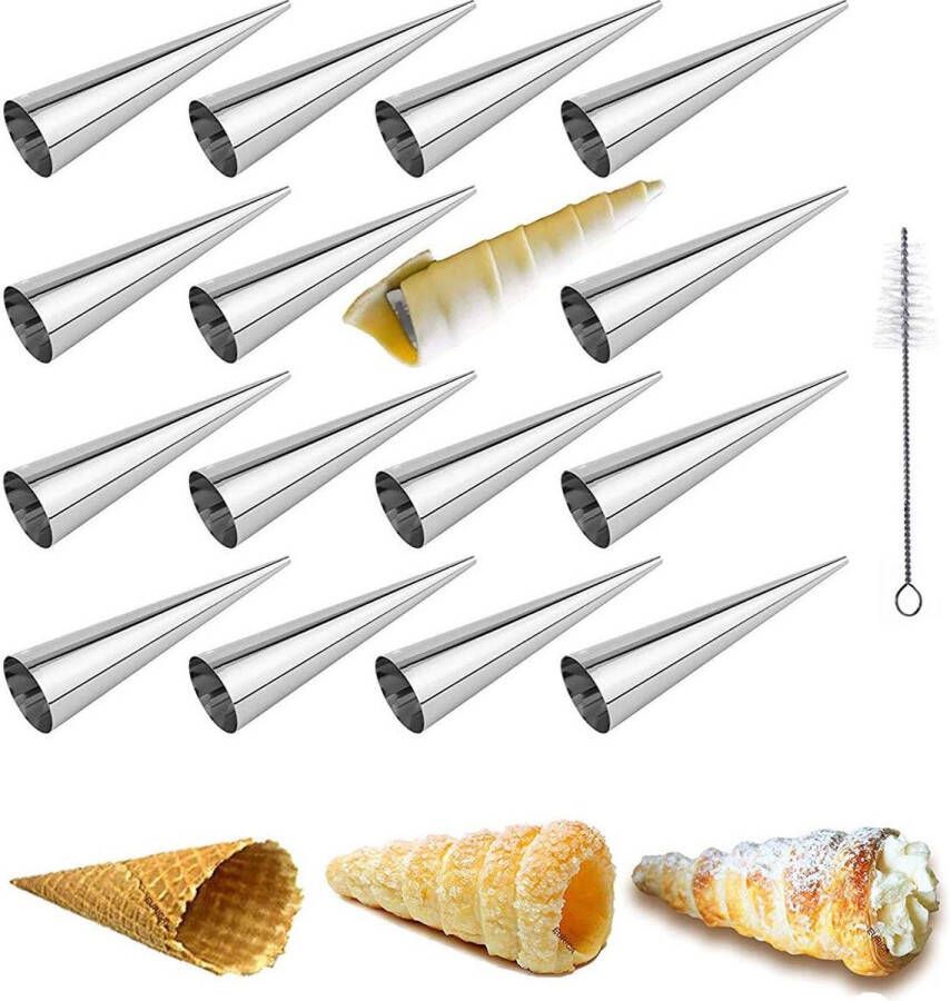 Bakvorm 16-delig set van rechte buisjes spuitmonden schuimrollen Cannoli buisjes roestvrij staal cake gebak spiraal hoorn bakaccessoires (125 x 25 mm)