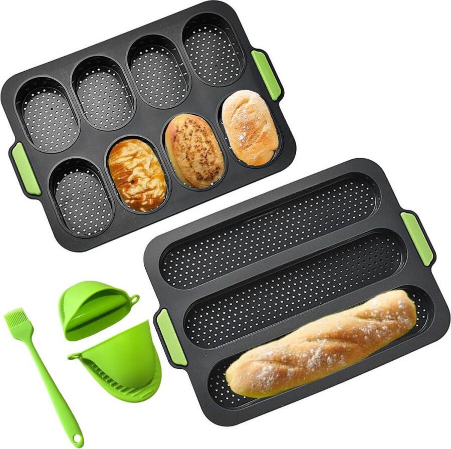 Bakvorm baguette bakplaat broodbakvormen baguetteplaat bakken van baguettebrood lang brood Hot Dog met 2 isolatiehandclips + olieborstel (grijs baguette)