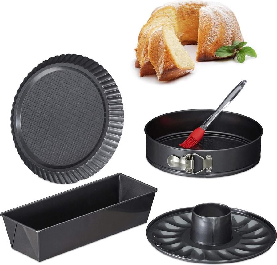 Bakvorm set 5-delig springvorm met bodem cakevorm taartbodem vorm kwastje staal antraciet