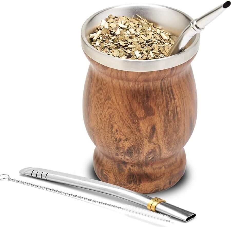 Balibetov [Nieuw] Dubbelwandige Doestvrijstalen Yerba Mate Kalebas Set (Mate Cup) met Yerba Mate Bombilla (Rietje) (Hout)
