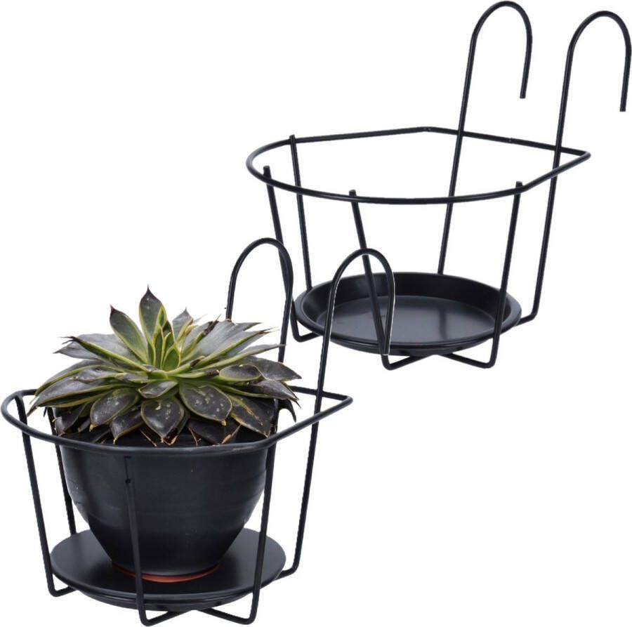 Balkon bloempothouder 2x bloembak met ophanging zwart metaal 17 cm rond Balkonbakken