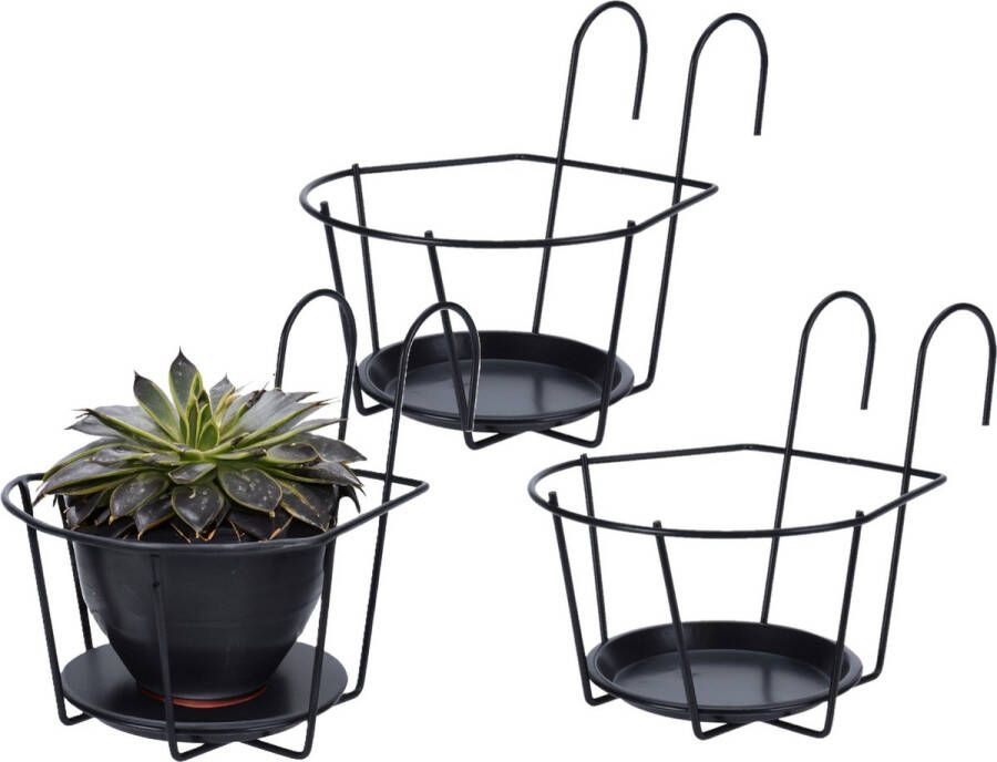 Balkon bloempothouder 3x bloembak met ophanging zwart metaal 17 cm rond Balkonbakken