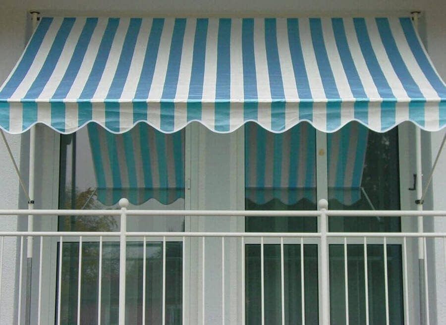 Balkon zonnescherm zonder boren Klemluifel Ideale balkonluifel voor huurwoningen Blauw-wit 150 cm Balkon zonnescherm zonder boren