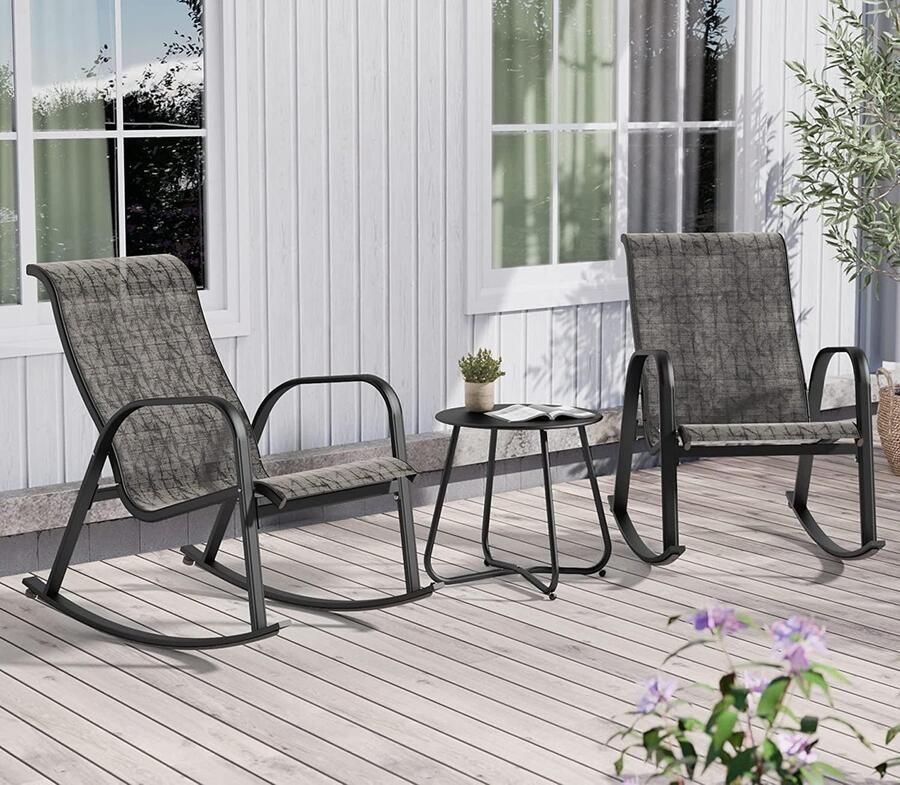 Balkonmeubelset Loungeset met 2 Schommelstoelen en 1 Bijzettafel Mesh-Weefsel Weerbestendig Zitgroep voor de Tuin Terras (Zwart en Grijs Geruit)