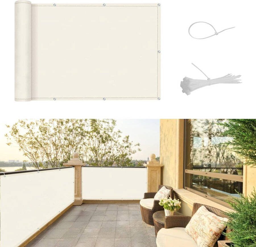 Balkonscherm inkijkbescherming 75 x 500 cm balkonafdekking PES UV-bescherming balkonbekleding weerbestendig met kabelbinders crèmewit