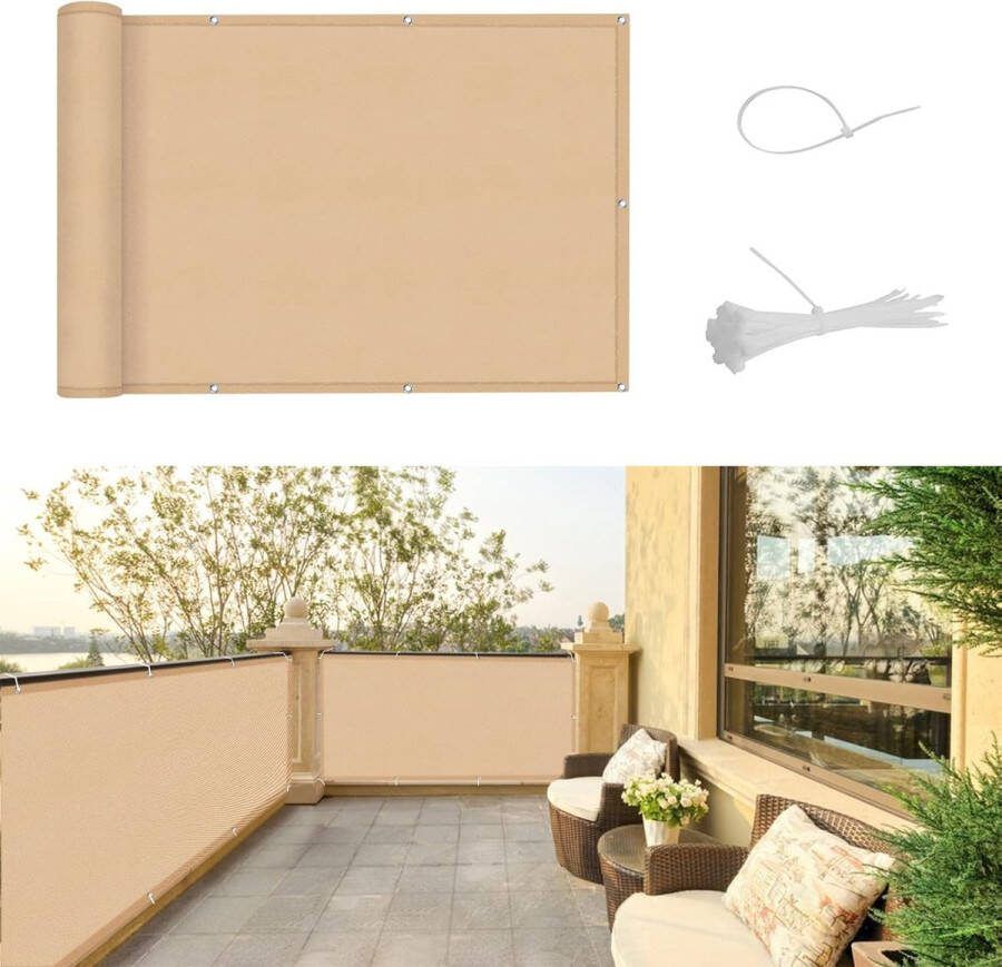 Balkonscherm inkijkbescherming 90 x 300 cm balkonafdekking PES uv-bescherming balkonbekleding weerbestendig met kabelbinders zandbeige