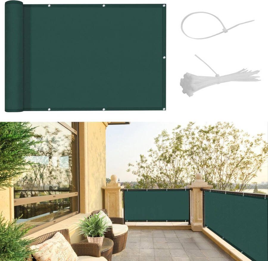 Balkonscherm inkijkbescherming 90 x 300 cm balkonafdekking PES uv-bescherming balkonbekleding weerbestendig met kabelbinders groen