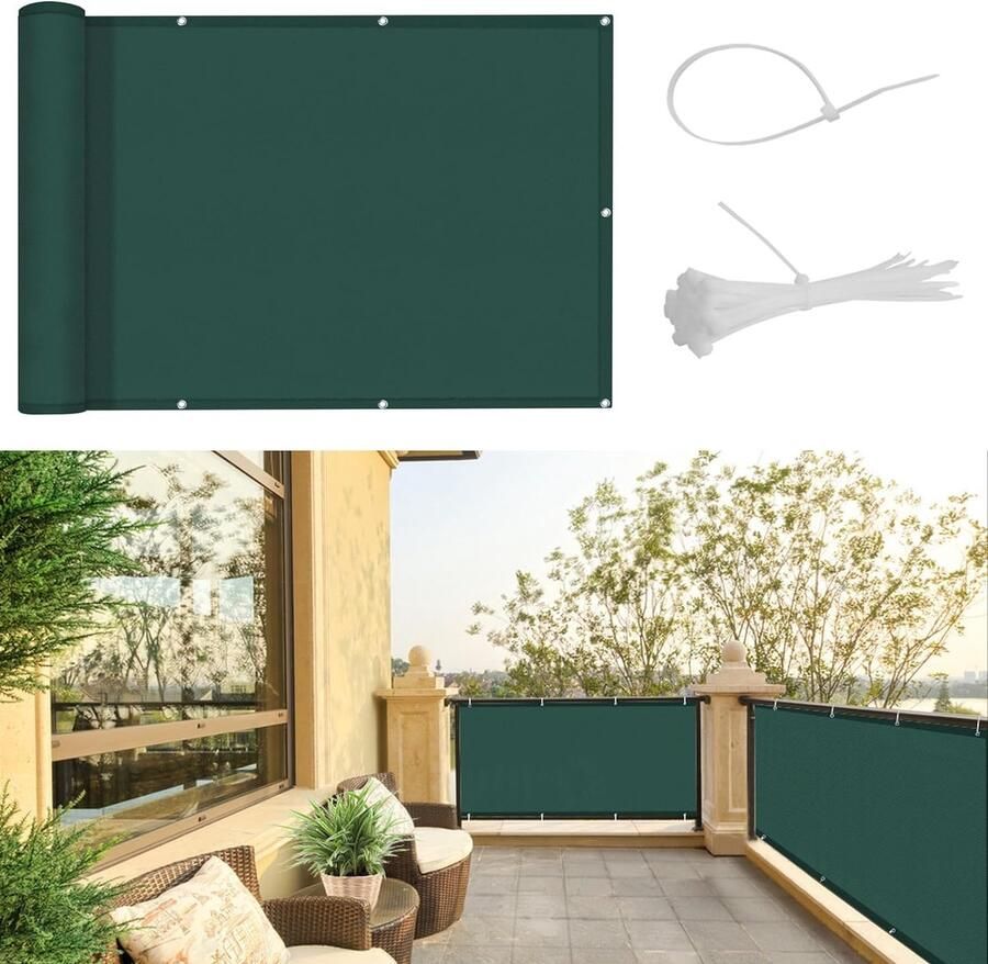 Balkonscherm inkijkbescherming 90 x 400 cm balkonafdekking PES uv-bescherming balkonbekleding weerbestendig met kabelbinders groen