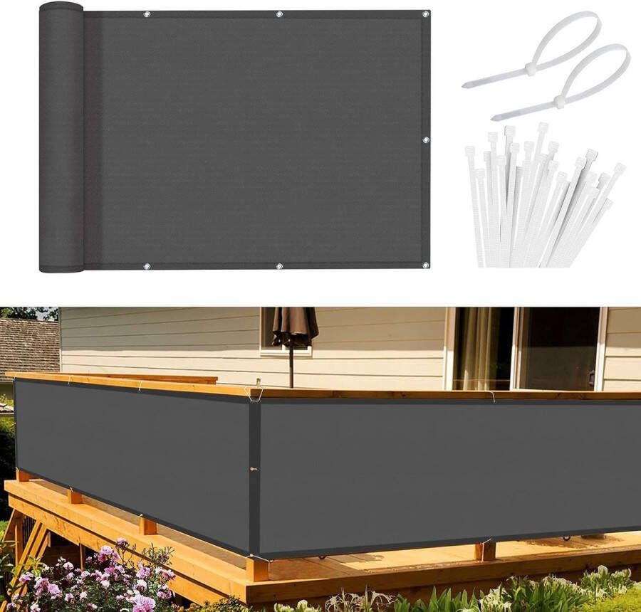 Balkonscherm inkijkbescherming balkonafdekking 80 x 600 cm windscherm ondoorzichtig balkonbekleding PES 170 g m² wind- en uv-bescherming met inslagringen en kabelbinders antraciet